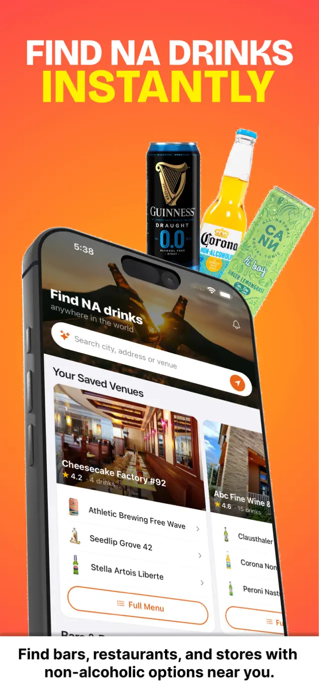 ChillMaps app home screen showing saved venues and their non-alcoholic menus