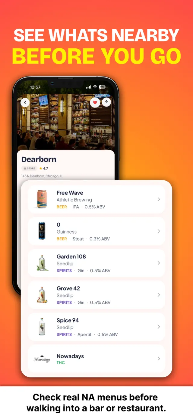 ChillMaps app showing a Chicago bar's real non-alcoholic menu with beer, spirits, and ABVs
