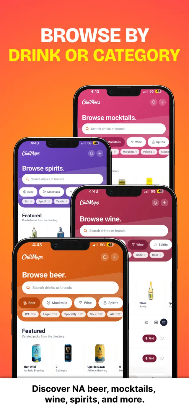 ChillMaps app browsing drinks by category including mocktails, NA wine, and spirits