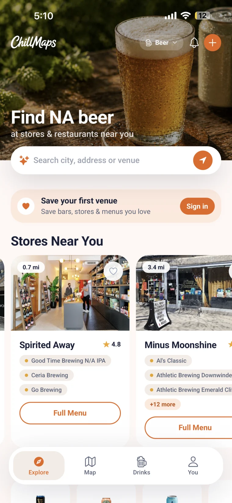ChillMaps app showing NA drinks near you