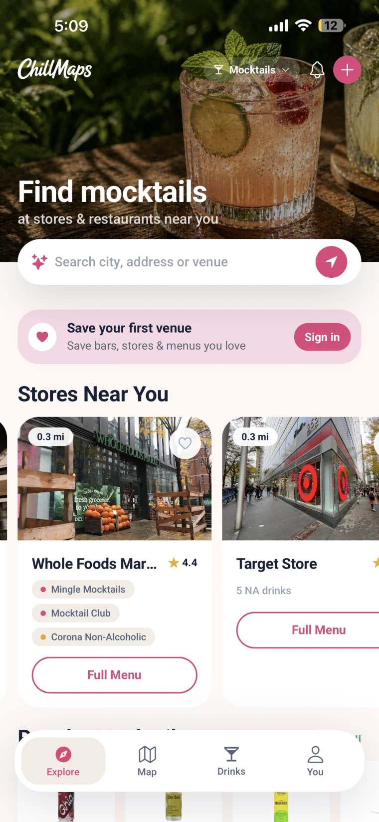 ChillMaps app showing mocktails near you