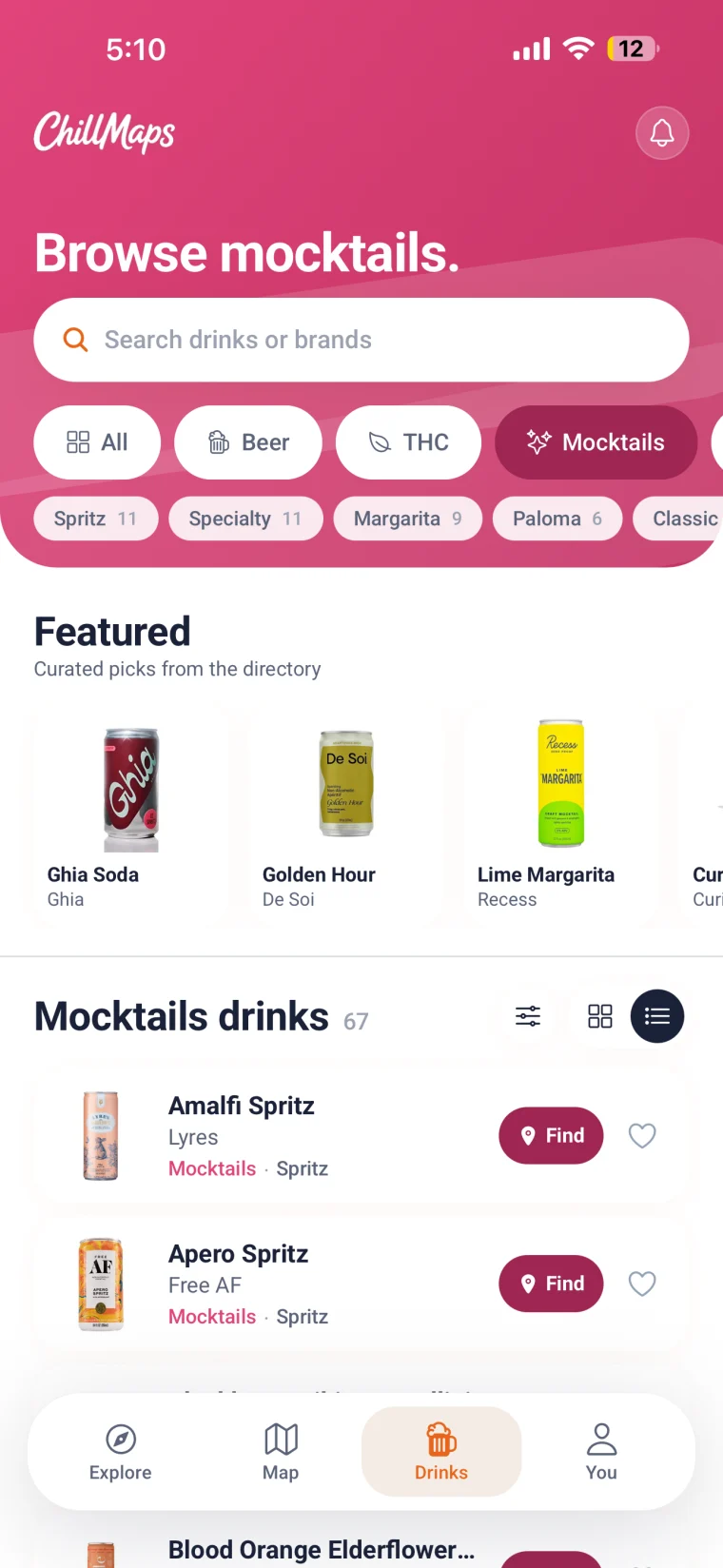 ChillMaps app filtering mocktails