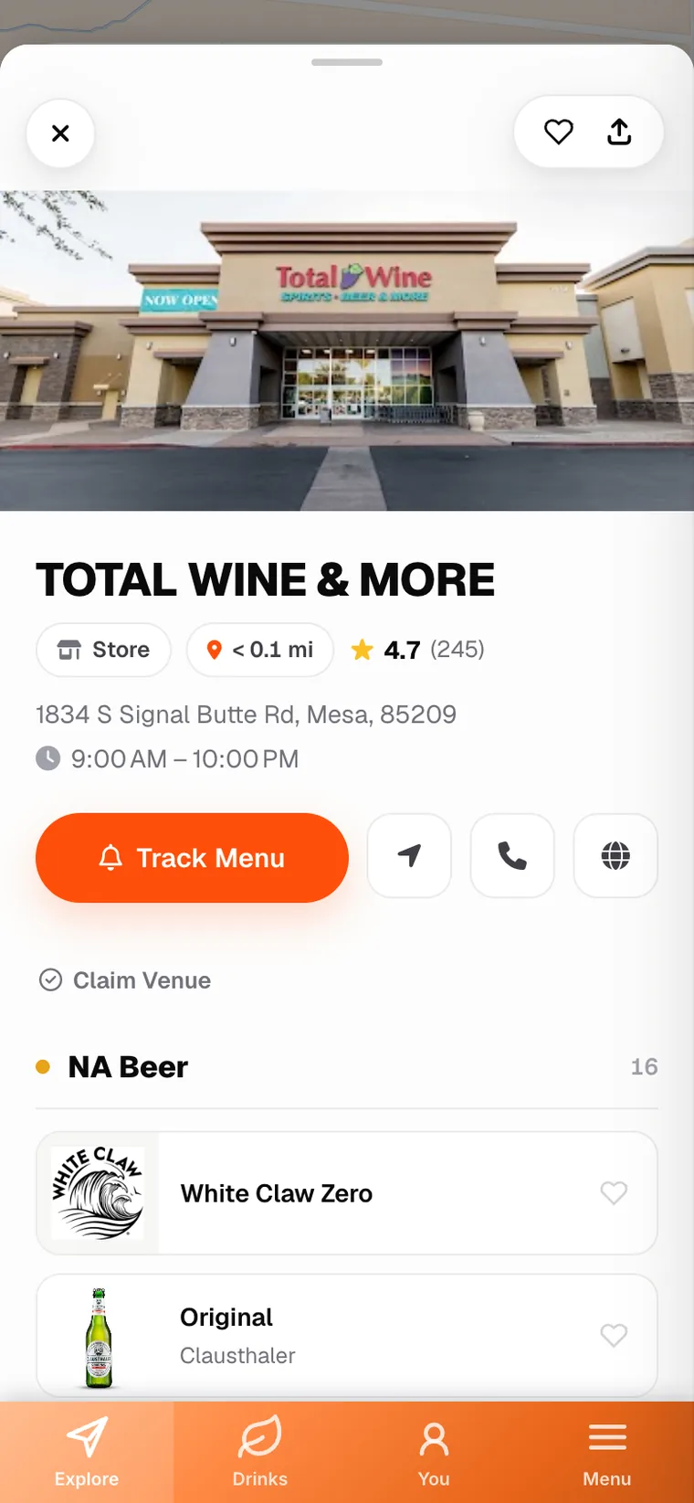 ChillMaps app venue page for Total Wine & More showing its non-alcoholic beer menu