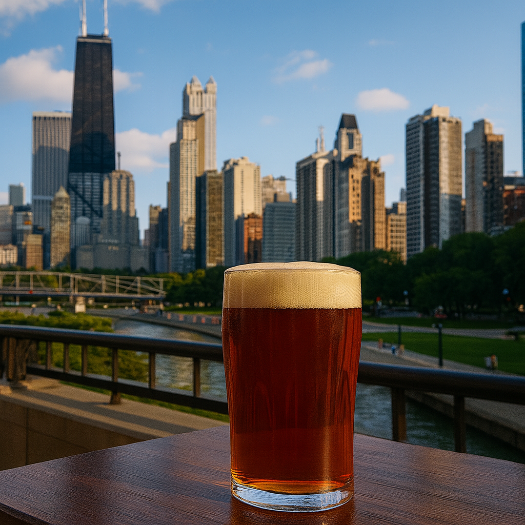 Chicago skyline featuring non-alcoholic beer scene in the Windy City