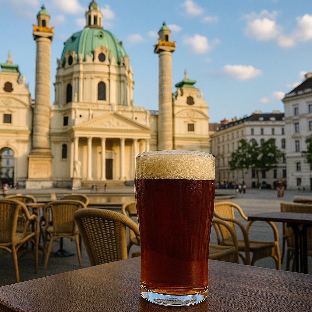 A glass of beer in front of the Karlskirche in Vienna