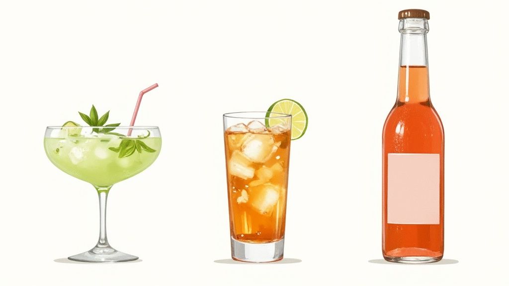 A collection of colorful mocktails and non-alcoholic drinks on a table.