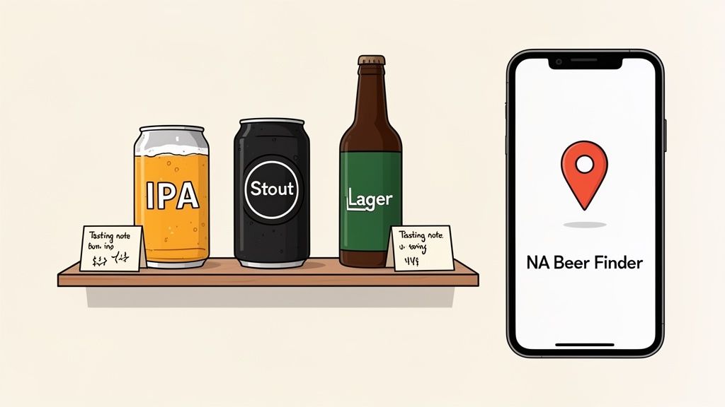 A shelf displays IPA, Stout, and Lager non-alcoholic beers with tasting notes, beside a phone showing the 'NA Beer Finder' app.